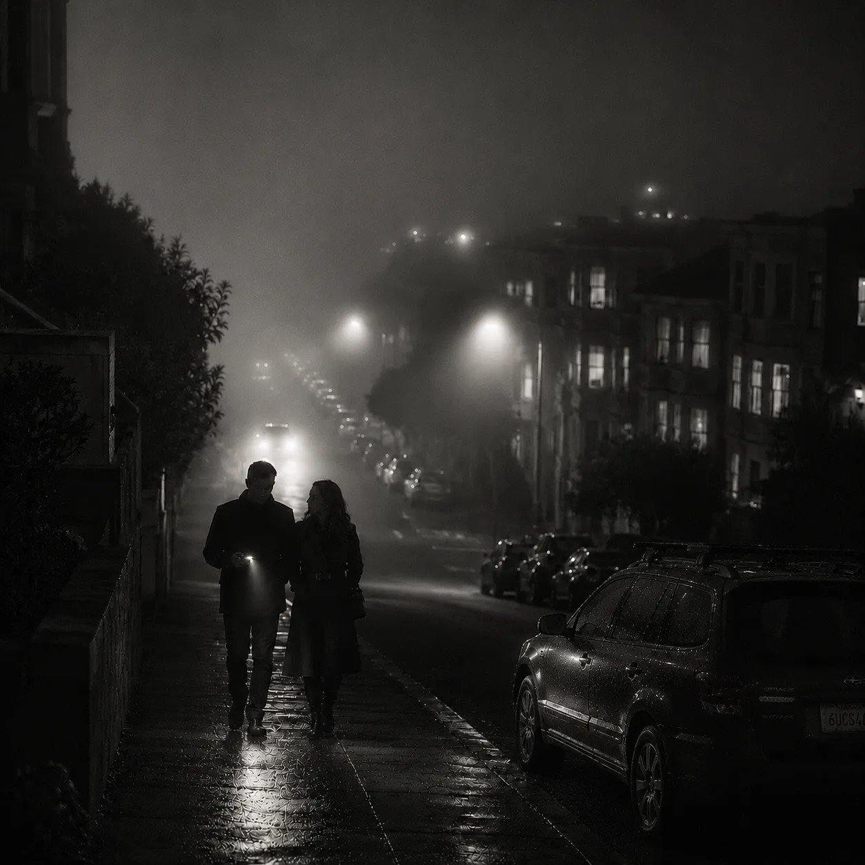 An AI-generated image in the style of Fred Lyon's foggy San Francisco photographs