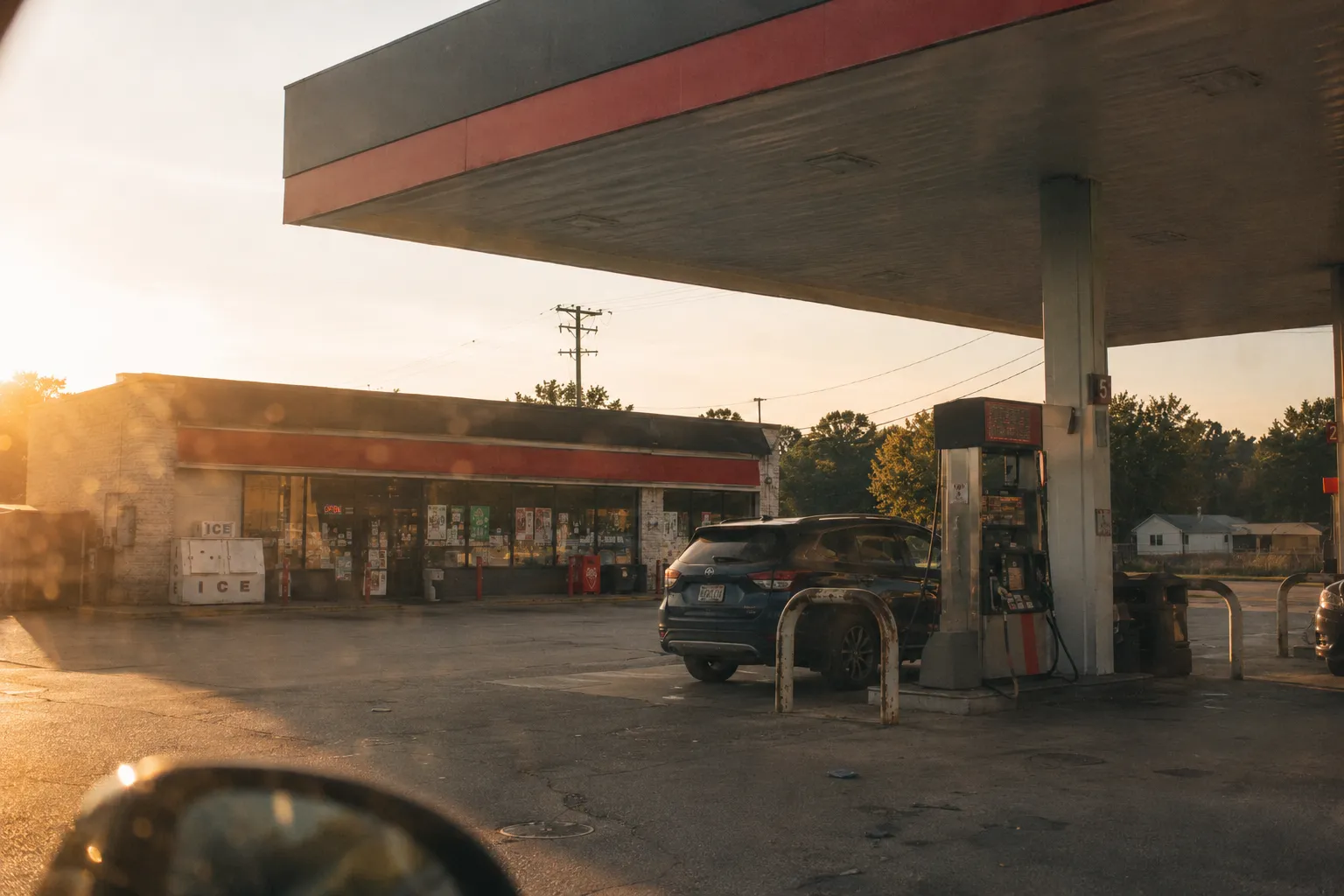An AI-generated image of a gas station, in the style of a Leica photograph
