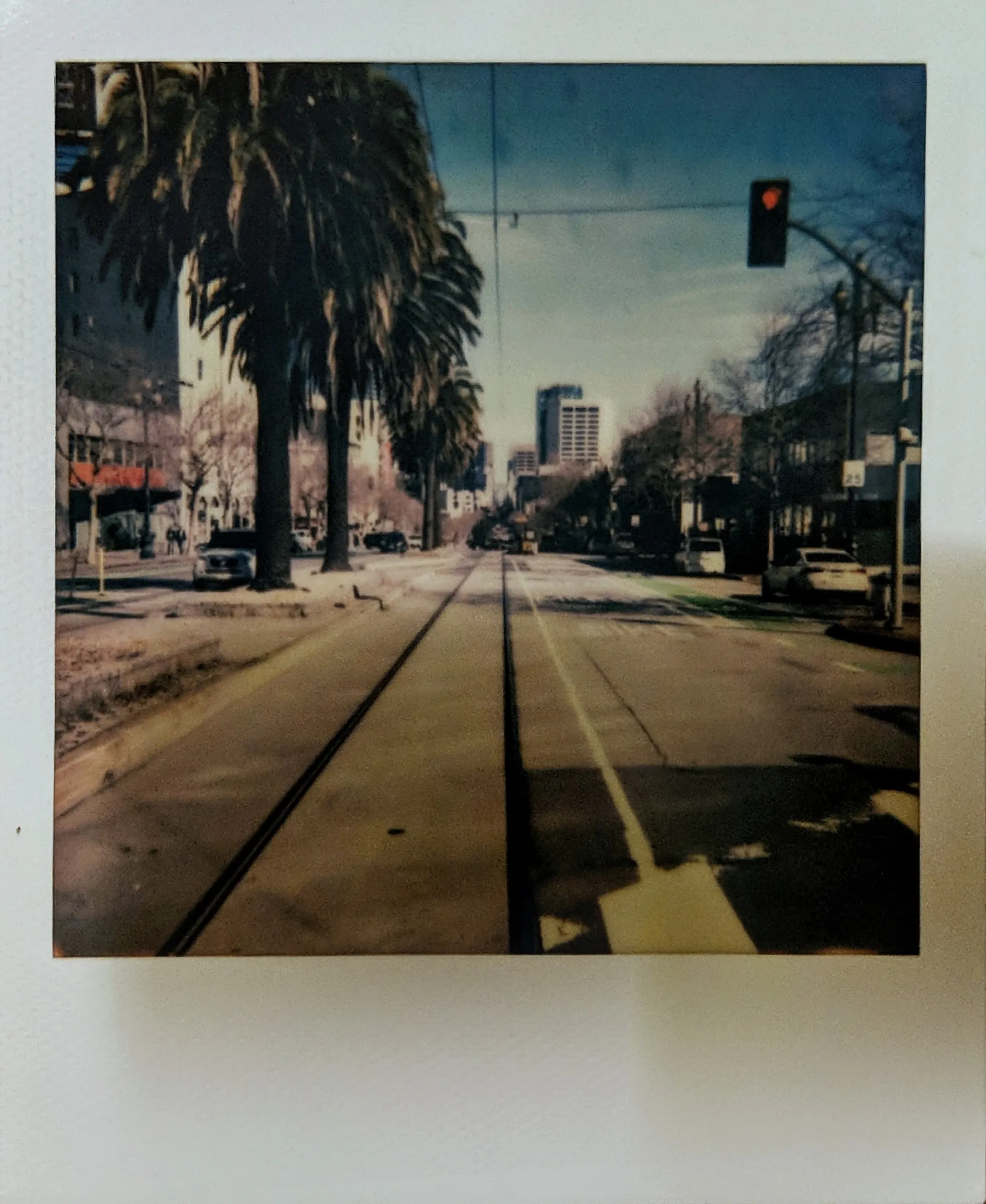 Streetcar tracks running between palm trees toward downtown, under a red light